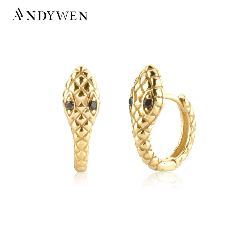 ANDYWEN 925 Sterling Silver Gold Snake Circle Huggies Hoops Women Fashion Luxury Jewelry 2020 Rock Punk Crystal Loops Piercing