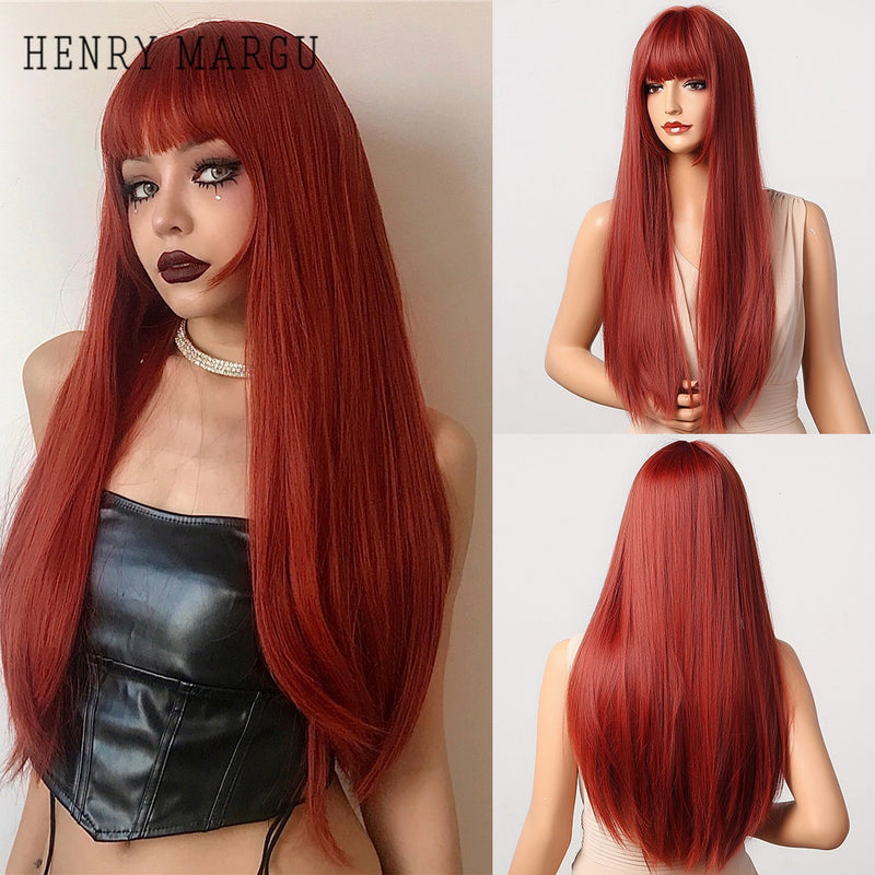 HENRY MARGU Long Straight Black Synthetic Wigs With Bangs Natural Fake Hairs for Women Afro Heat Resistant Cosplay Daily Wigs