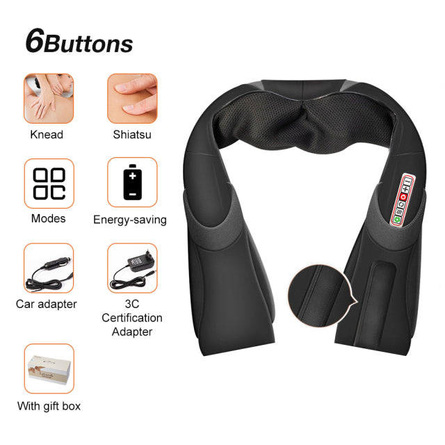 Masajeador eléctrico Shiatsu en forma de U para espalda, cuello, hombros y cuerpo, masajeador infrarrojo calentado 4D para amasar el coche/el hogar, dispositivo de chal de masaje