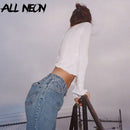 ALLNeon Aesthetics Hollow Out Stitch Long Sleeve T-shirts E-girl Vintage Solid O-neck Cropped Tops 90s Fashion Streetwear