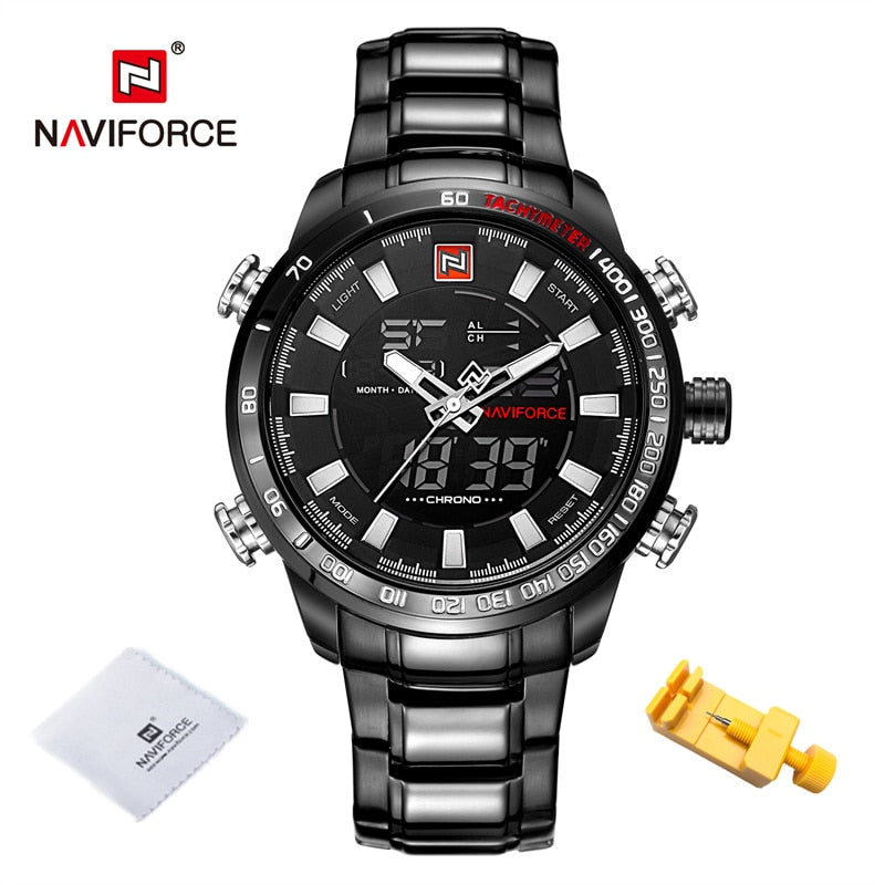 NAVIFORCE Luxury Brand Mens Watches Military Sport Digital Quartz WristWatch For Men Stainless Steel Waterproof Big Clock Male