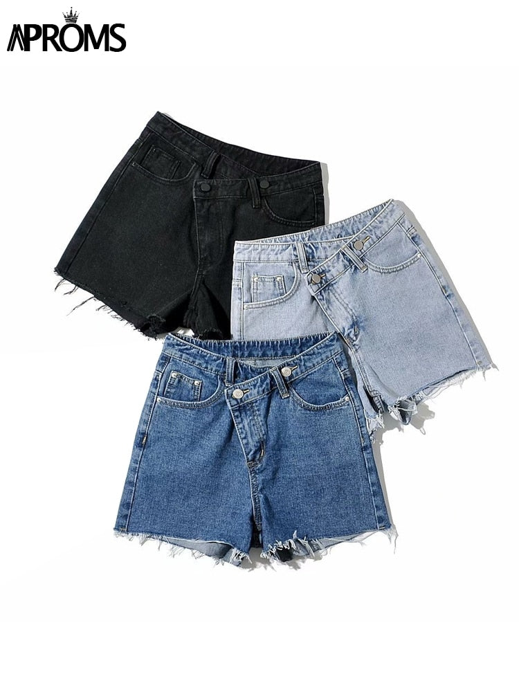 Aproms Vintage Tassel Blue Denim Shorts Women Casual High Waist Bottoms 2022 Summer Streetwear Fashion Solid Color Jeans Shorts