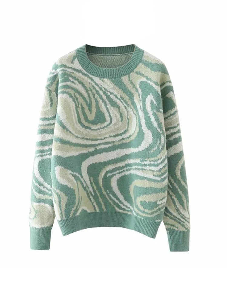 Aproms Elegant Green Tie Dye Knitted Sweater and Pullovers Women 2022 Winter Long Sleeve Warm Ribbed Jumper Female Slim Top
