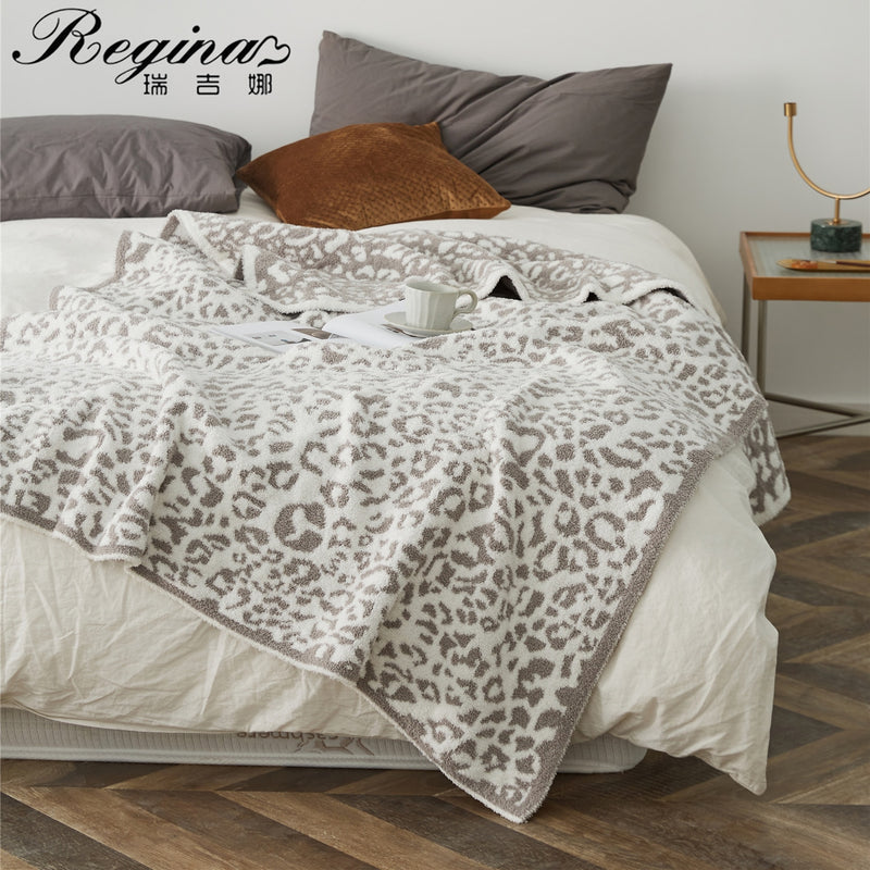 REGINA Delicate Knitted Leopard Print Blankets Winter Warm Faux Fur Microfiber Stich Plaid Bedspread Fluffy Adult Blanket Throw