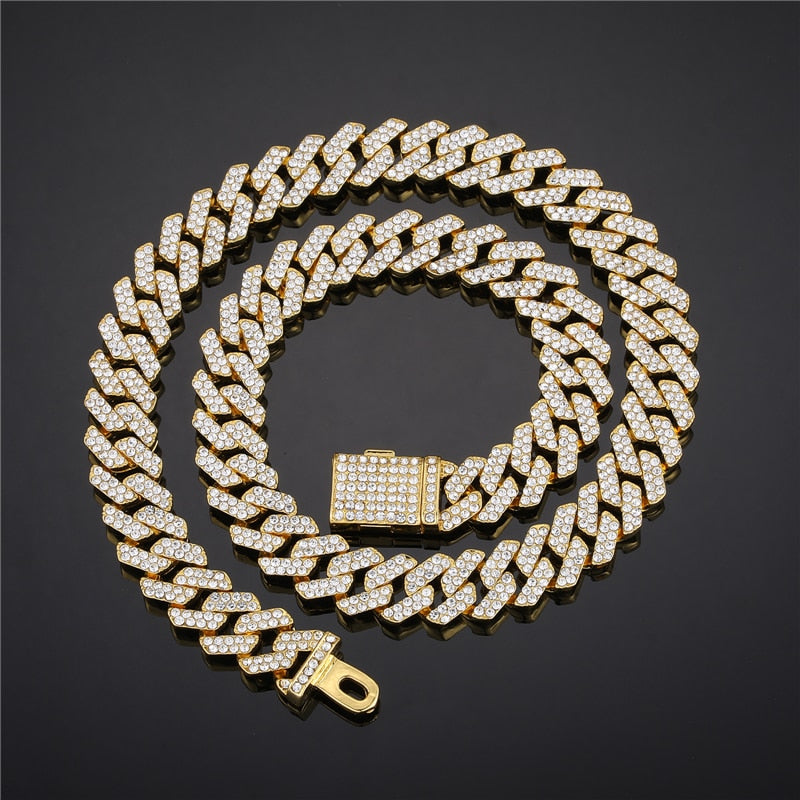 Necklace +Watch+Bracelet Hip Hop Miami Curb Cuban Chain Gold Color Iced Out Paved Rhinestones CZ Bling Rapper For Men Jewelry