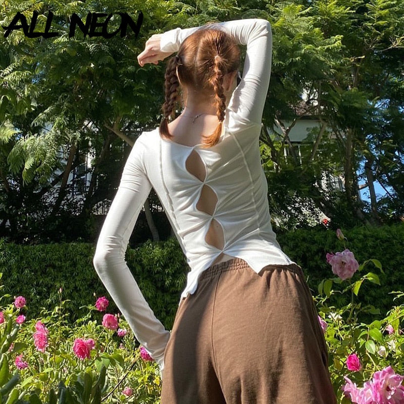 ALLNeon Aesthetics Hollow Out Stitch Long Sleeve T-shirts E-girl Vintage Solid O-neck Cropped Tops 90s Fashion Streetwear