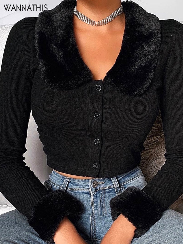 WannaThis Black Long Sleeve Women Fluffy Turn-down Collar Button Autumn Women Shirt Warm Cropped Top Slim Elastic Casual Tops