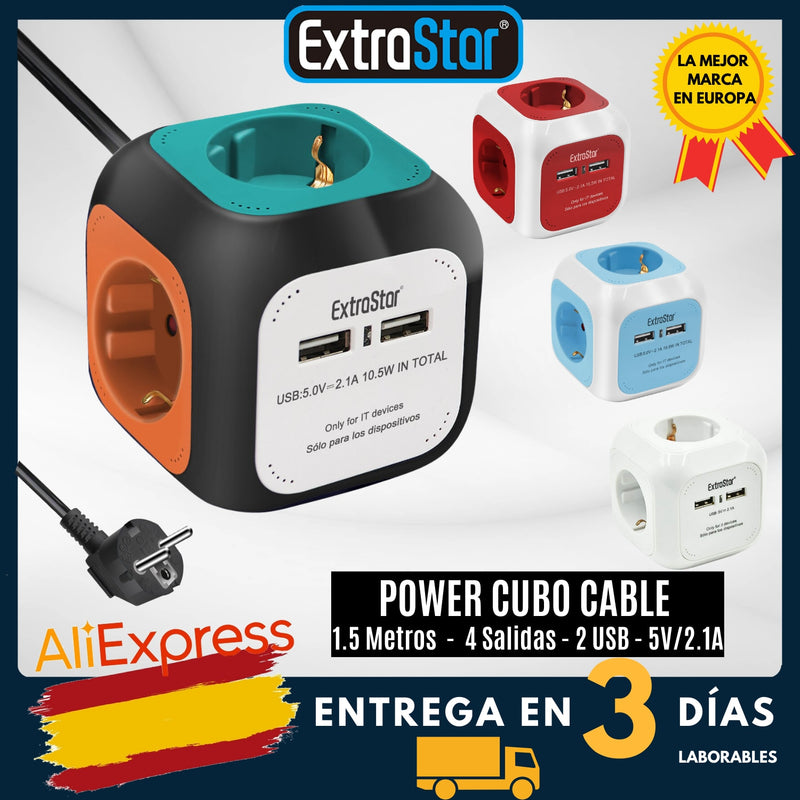 ExtraStar®Power Cube Cable 1,5 m Regleta 4 Salidas, con 2 para carga USB 5V/2.1A, blanco/azul/rojo/mixto