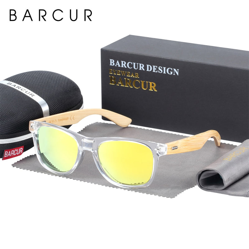 BARCUR Classic Bamboo Sunglasses Wood Transparent Plastic Frame Women Men Polarized Sun Glasses With Box Free