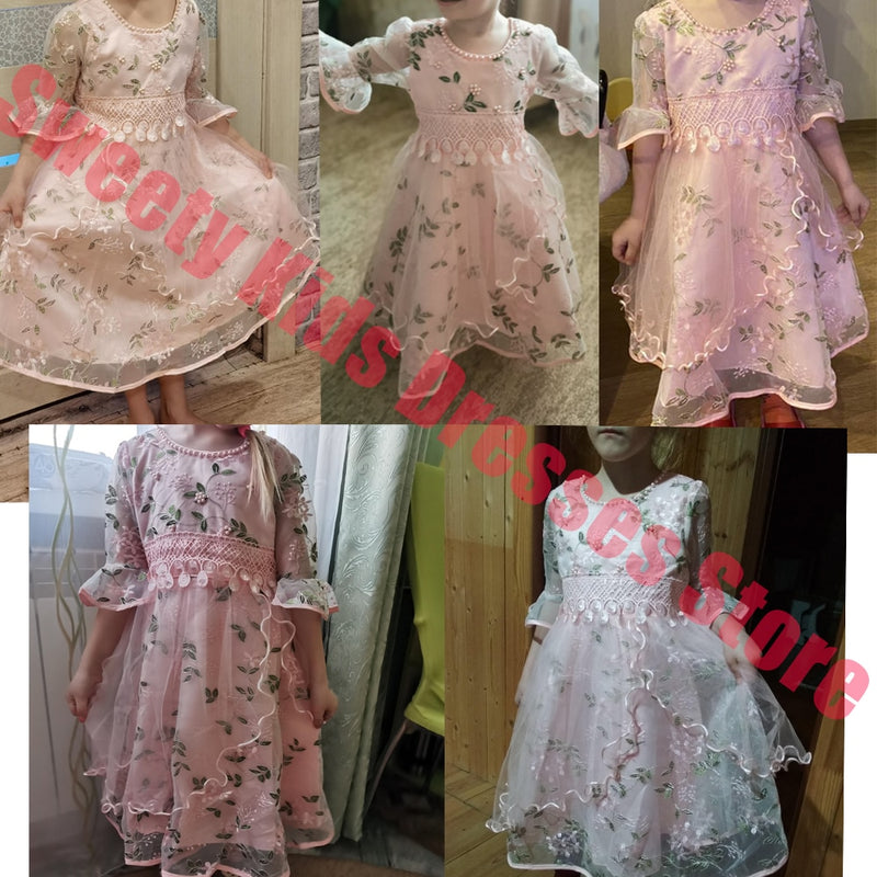 2023 Flower Embroidery Bridesmaid Dress For Girls Children Clothing Kids Wedding Party Princess Dresses Gown Costume 8 10 Years