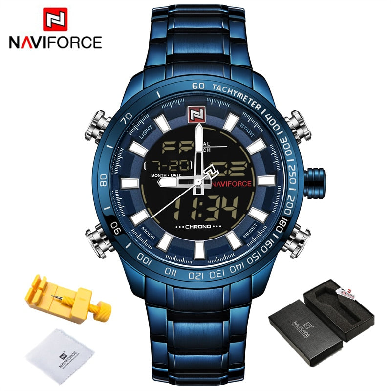 NAVIFORCE Luxury Brand Mens Watches Military Sport Digital Quartz WristWatch For Men Stainless Steel Waterproof Big Clock Male