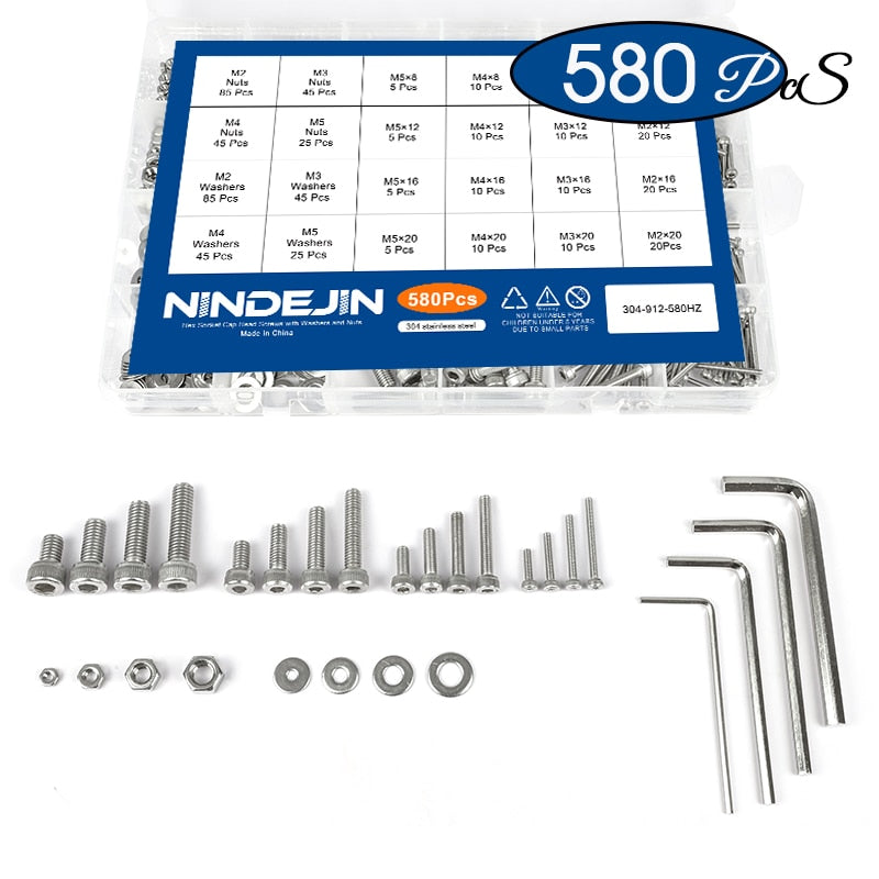 NINDEJIN 580/880pcs Hex Hexagon Socket Screw Assortment Kit M2 M3 M4 M5 Stainless Steel Flat Round Cap Head Bolt and Nut Set