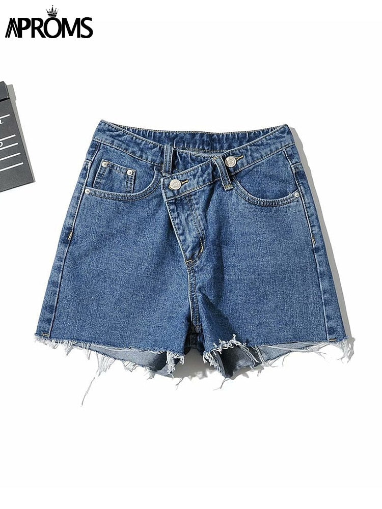 Aproms Vintage Tassel Blue Denim Shorts Women Casual High Waist Bottoms 2022 Summer Streetwear Fashion Solid Color Jeans Shorts