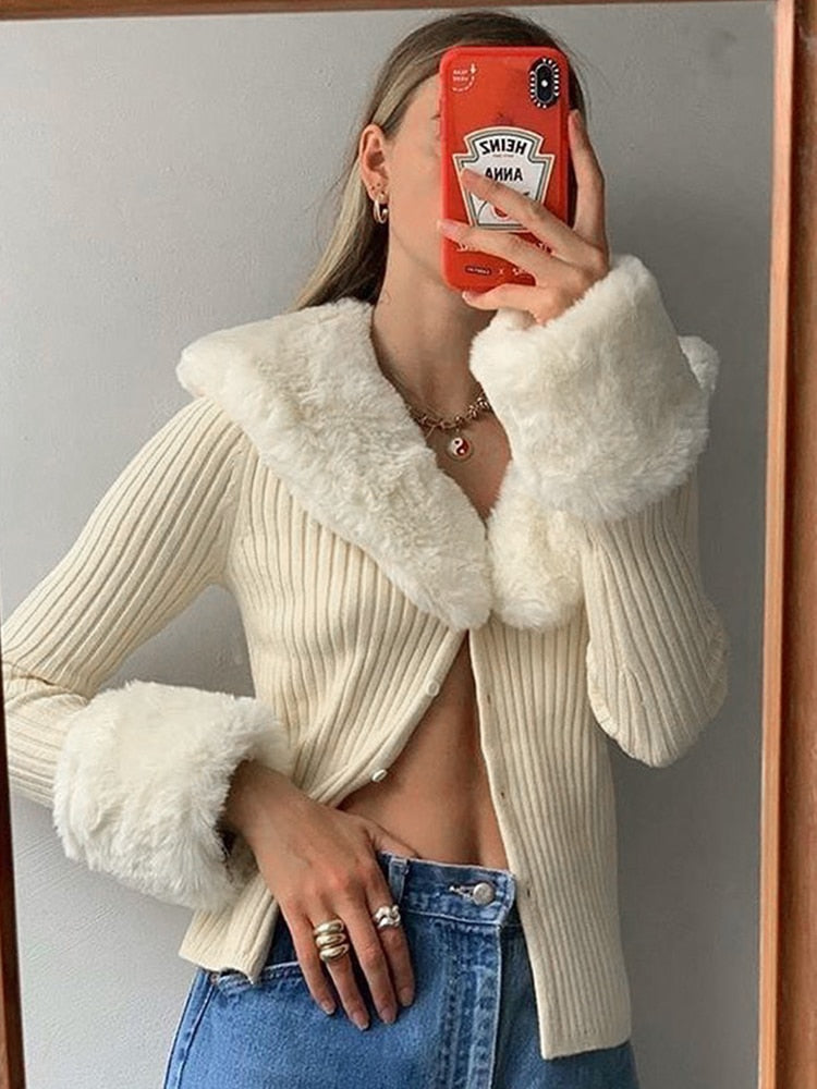 WannaThis Knitted Cardigans Sweater Women Fur Trim Collar Slim 2021 Autumn Winter Casual Cotton Jumpers Y2K Button Top Knitwear