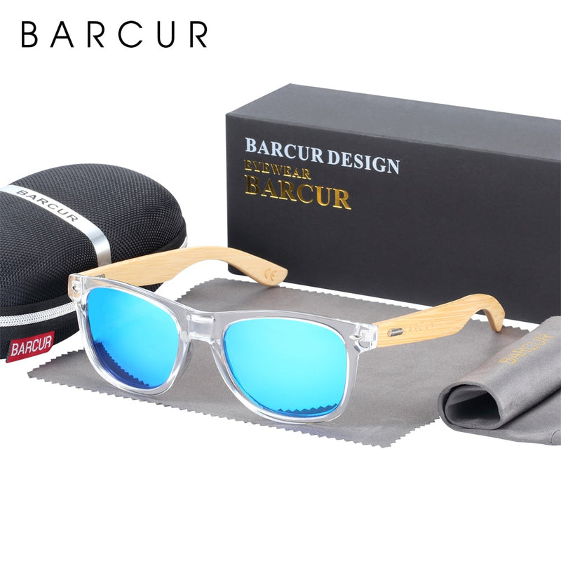 BARCUR Classic Bamboo Sunglasses Wood Transparent Plastic Frame Women Men Polarized Sun Glasses With Box Free