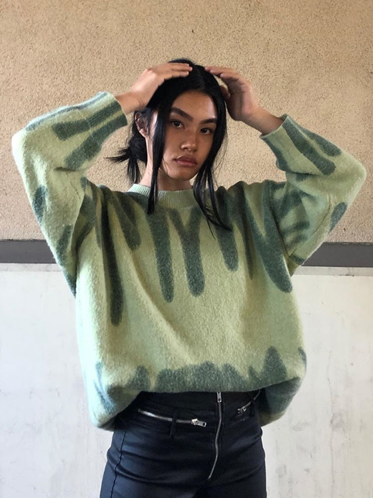 Aproms Eleganter grüner gestreifter Druck Pullover Frauen Winter O-Ausschnitt lose lange Pullover Streetwear warme Oberbekleidung 2022