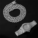 Necklace +Watch+Bracelet Hip Hop Miami Curb Cuban Chain Gold Color Iced Out Paved Rhinestones CZ Bling Rapper For Men Jewelry