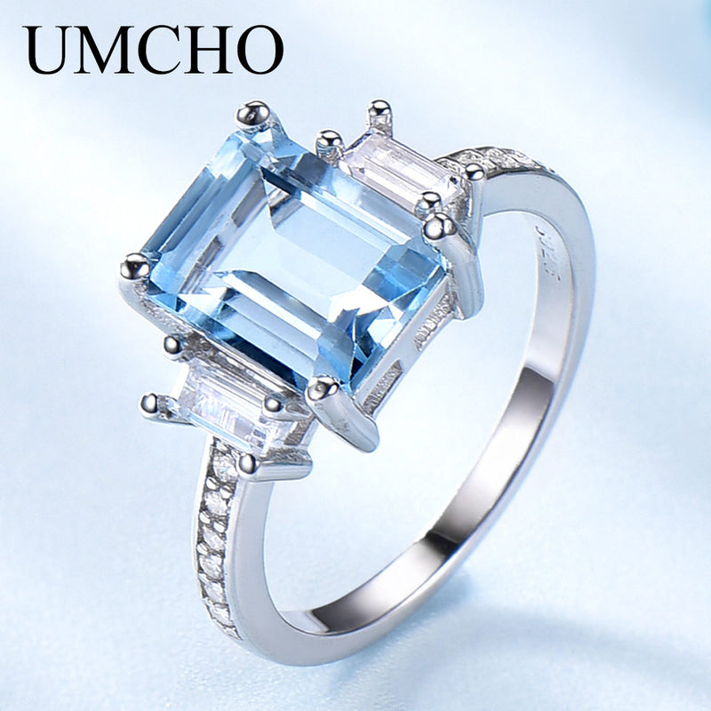 UMCHO Blauer Topas Edelstein Ringe für Frauen Echter 925er Sterling Silber Aquamarin Ring Romantische Hochzeit Verlobung Feiner Schmuck