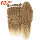 Synthetische Fake-Haarverlängerungen Afro Kinky Curly Hair Bundles mit Verschluss Ombre Golden 30 Zoll Weiches Super Langes Wellenhaar