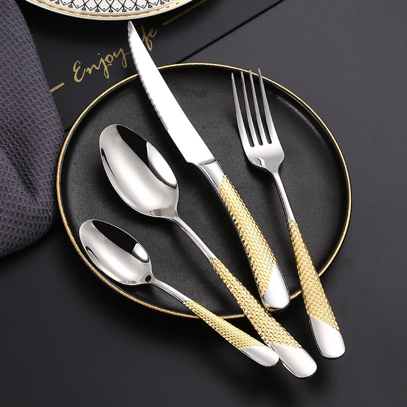 Geschirr Küchenbesteck Set Golden Spoon Geschirr Set 18/10 Edelstahl Western Home Messer Gabel Löffel Luxus Besteck Set