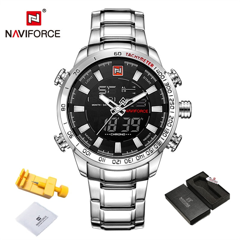 NAVIFORCE Luxury Brand Mens Watches Military Sport Digital Quartz WristWatch For Men Stainless Steel Waterproof Big Clock Male