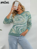 Aproms Elegant Green Tie Dye Knitted Sweater and Pullovers Women 2022 Winter Long Sleeve Warm Ribbed Jumper Female Slim Top