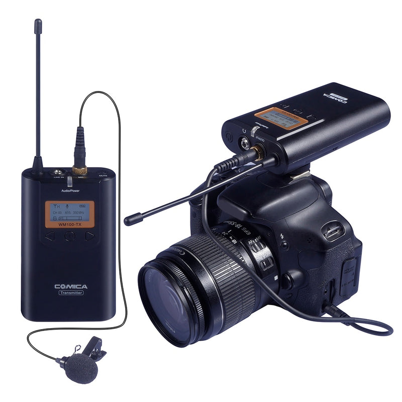 Comica CVM-WM100 UHF 48 canales inalámbrico Lavalier solapa micrófono sistema para Canon Nikon Sony DSLR cámaras/teléfonos inteligentes
