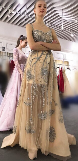 Jusere Real Photos Shinning Luxury Beading A line Evening Dresses Runway Exquisite Embellishment Newest Fashion Gowns