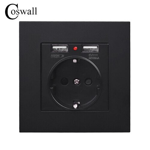 Coswall Dual USB Charging Port 5V 2.1A LED Indicator 16A Wall EU Power Socket Outlet PC Panel Grey Gray Black White Gold