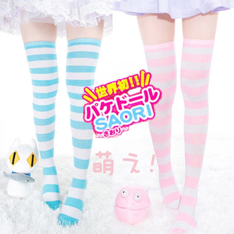 Langer Streifen entzückender Anime-fester hoher über Knie-Rosa-Blau-Weiß für Frauen-Mädchen-Cosplay-Studenten-Kawaii-Lolita-Baumwollstrumpf