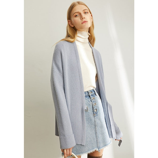 Amii, abrigo de lana tejido con cinta de pino de primavera para mujer, nuevo suéter de cuello en v con cinturón de manga completa sólida, 11940411