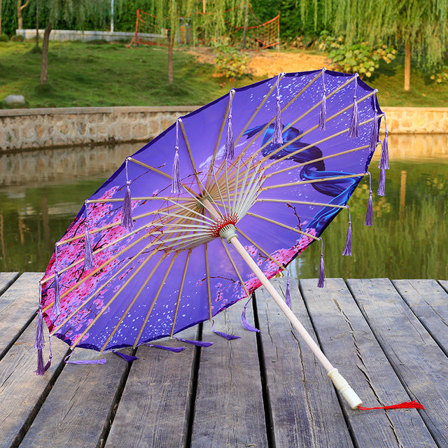 Silk Cloth Lace Umbrella Women Costume Photography Props Tasseled Umbrella Yarned Chinese Classical Oil-paper Umbrella Parasol