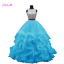 Luxury Crystals Two Pieces Ball Gown Quinceanera Dresses O-Neck Beaded Open Back Pageant Gown Long Tiered Organza Sweet 16 Dress