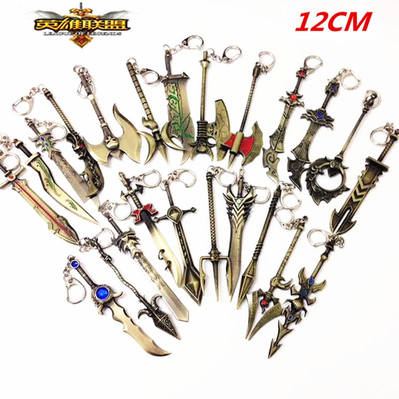 Großhandel Lot/200pcs LOL Waffen Keychian League Of Legend Key Chians Heroes Modell Schlüsselanhänger Anhänger 12cm Für Game Fans Geschenke