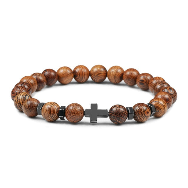 Hot Men Bracelet Wooden Beads Cross 7 Chakra  Healing Balance Onyx Bracelets&amp;Bangles Owl Prayer Reiki Buddha Women Jewelry Homme