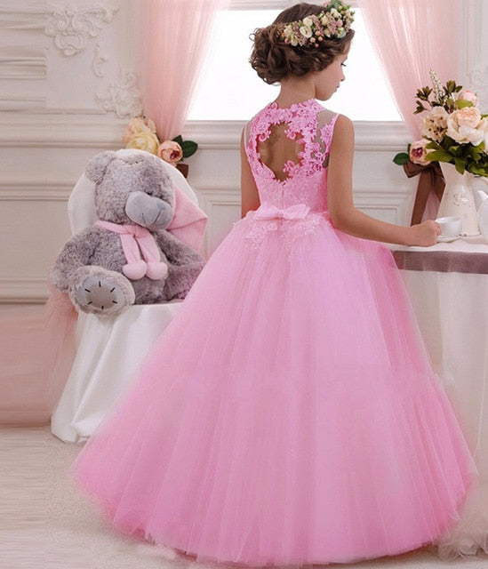 ¡Novedad de 2020! Vestido de flores con huecos en la espalda para niñas, vestido de boda de alta gama para niños, vestido elegante de banquete con encaje de flores para niñas