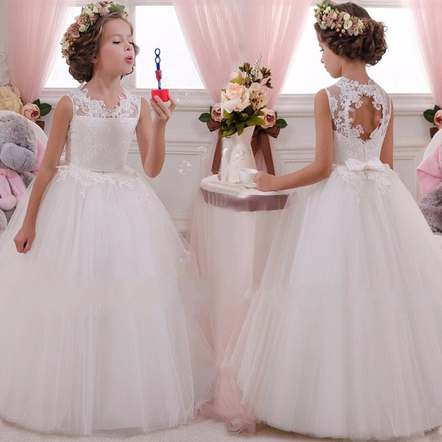 ¡Novedad de 2020! Vestido de flores con huecos en la espalda para niñas, vestido de boda de alta gama para niños, vestido elegante de banquete con encaje de flores para niñas