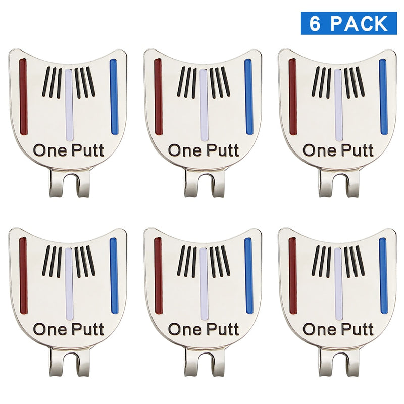 Packung mit 6 Stück One Putt Design Golfballmarker plus magnetischer Golfhut-Clip Golfmarker Drop Ship
