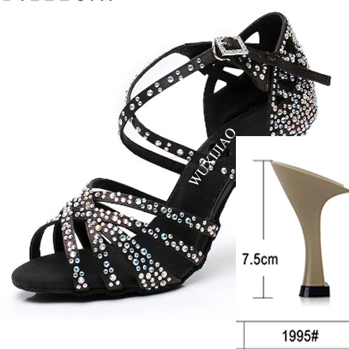 WUXIJIAO, zapatos de baile de fiesta para mujer, zapatos de baile latino de fondo suave con diamantes de imitación brillantes de satén, zapatos de baile de Salsa para mujer, heel5CM-10CM