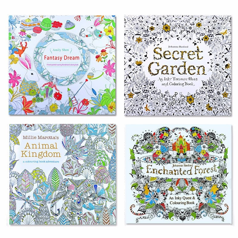 4 Stück 24 Seiten Tierreich Englische Ausgabe Malbuch für Kinder Erwachsene Stress abbauen Malen Zeichenbücher