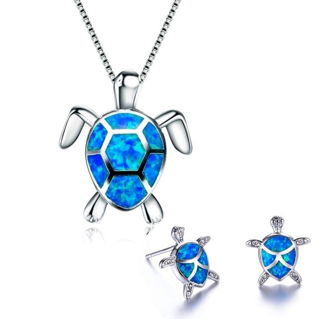 Classic Cute Sea Turtle Necklace Earrings jewelry set Trendy Animal Fire Opal Stud Earring for girl women best gift