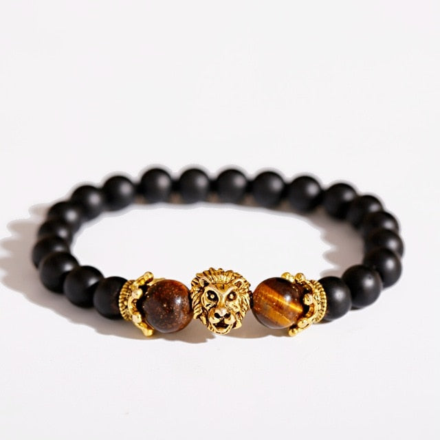 Pulsera clásica con corona y León para Hombre, Pulsera con abalorios hecha a mano con piedra de ónix y ojo de tigre para Mujer, joyería para Hombre