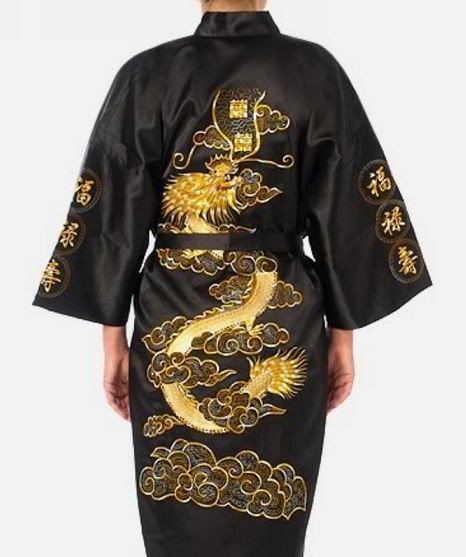 Marineblauer chinesischer Satin-Seiden-Bademantel mit Stickerei, Kimono-Bademantel, Drache, Größe SML, XL, XXL, XXXL, S0008