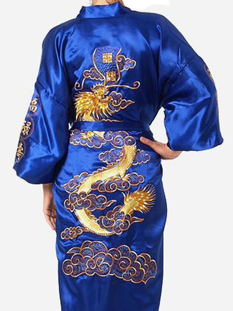 Marineblauer chinesischer Satin-Seiden-Bademantel mit Stickerei, Kimono-Bademantel, Drache, Größe SML, XL, XXL, XXXL, S0008