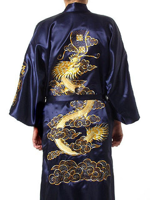 Marineblauer chinesischer Satin-Seiden-Bademantel mit Stickerei, Kimono-Bademantel, Drache, Größe SML, XL, XXL, XXXL, S0008