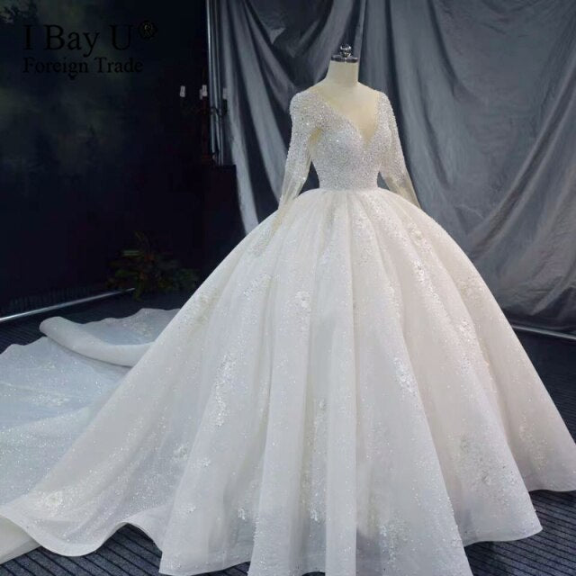 Wunderschönes Ballkleid 2020 Brautkleid mit Perlenstickerei und zarten, luxuriösen, neuen, langen Ärmeln, elfenbeinfarbene Brautkleider