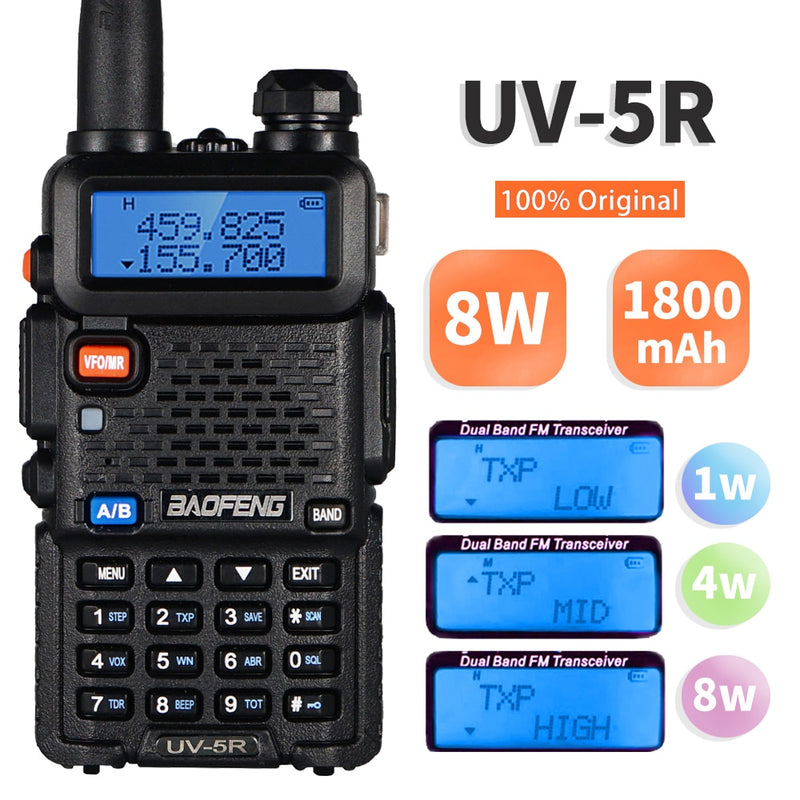 Alta potencia 8W Baofeng UV-5R Walkie Talkie Banda dual Walkie FM Transceptor UV 5R Radio portátil de dos vías UV5R Amateur Ham CB Radio