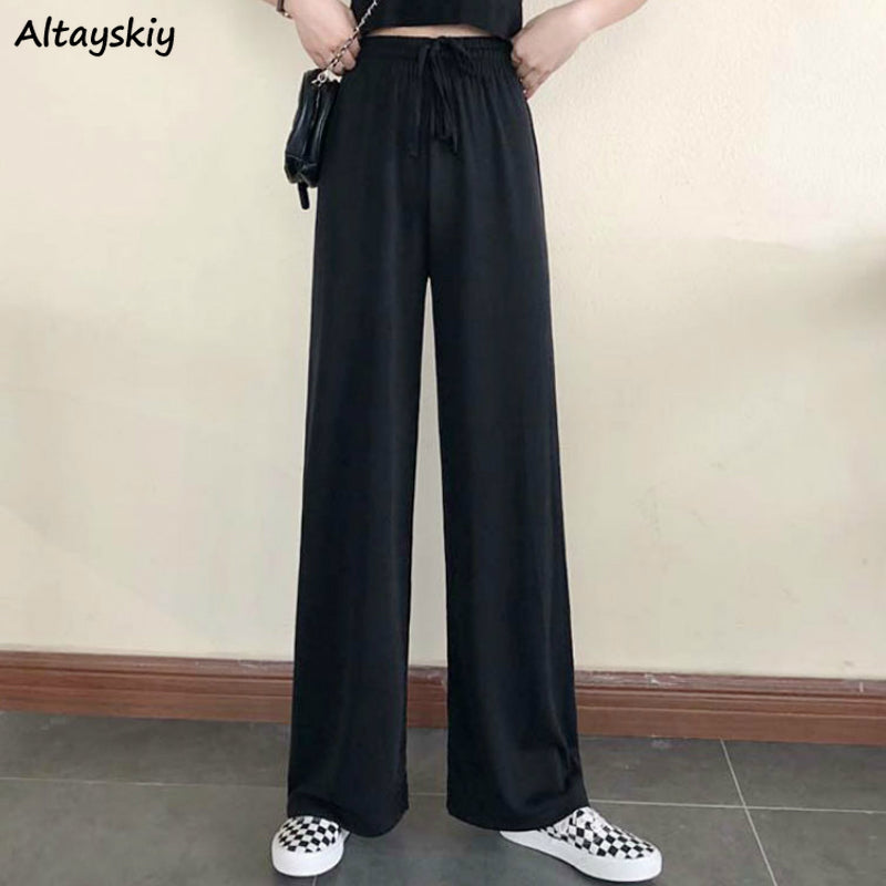 Wide Leg Pants Women Pure Black Lace-up Korean Style Loose Leisure High Waists Female Spring Long Daily Trousers Streetwear Fall
