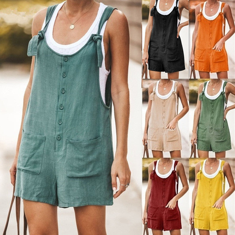 Summer Women Sleeveless Overalls Elegant Jumpsuits Romper Casual Vintage Ladies Short Pants Cotton and linen Wide Leg Pants