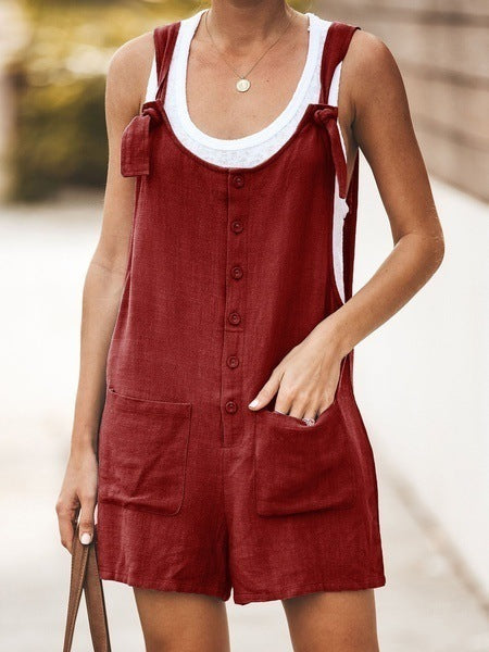 Sommer Frauen Ärmellose Overalls Elegante Overalls Strampler Lässige Vintage Damen Kurze Hosen Baumwolle und Leinen Hose mit weitem Bein